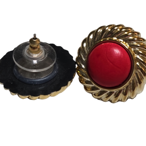 Classy High End Red Button Earrings with Gold Trim 14 - Picture 2 of 2